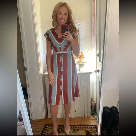 MONTEAU women’s brown and blue pastel  collard TShirt Midi dress, size Medium - Picture 1 of 12